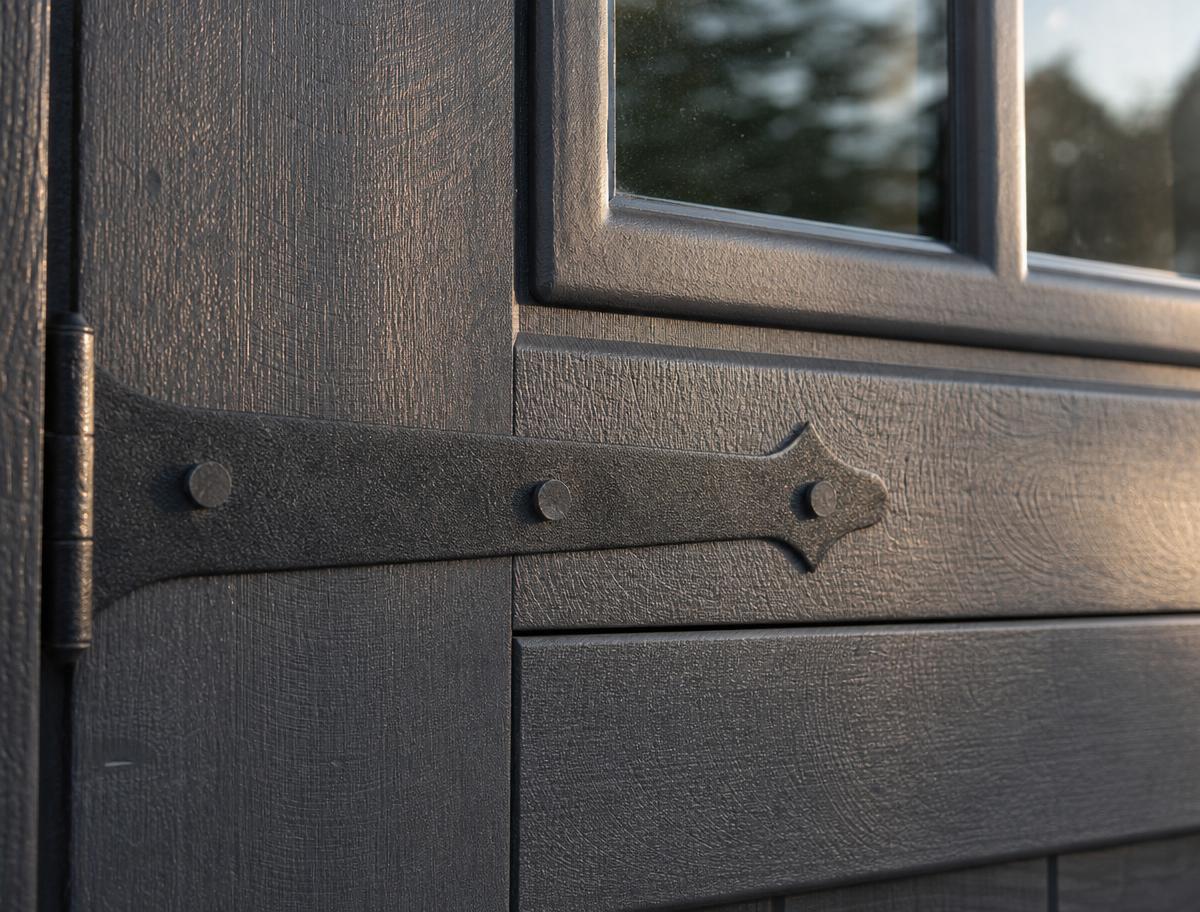 Close-up detail of a charcoal carriage-style garage door panel with decorative black strap hinge